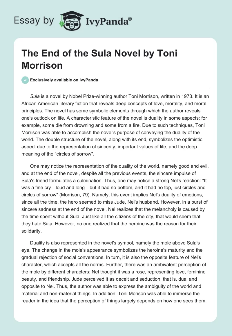 The End of the Sula Novel by Toni Morrison. Page 1