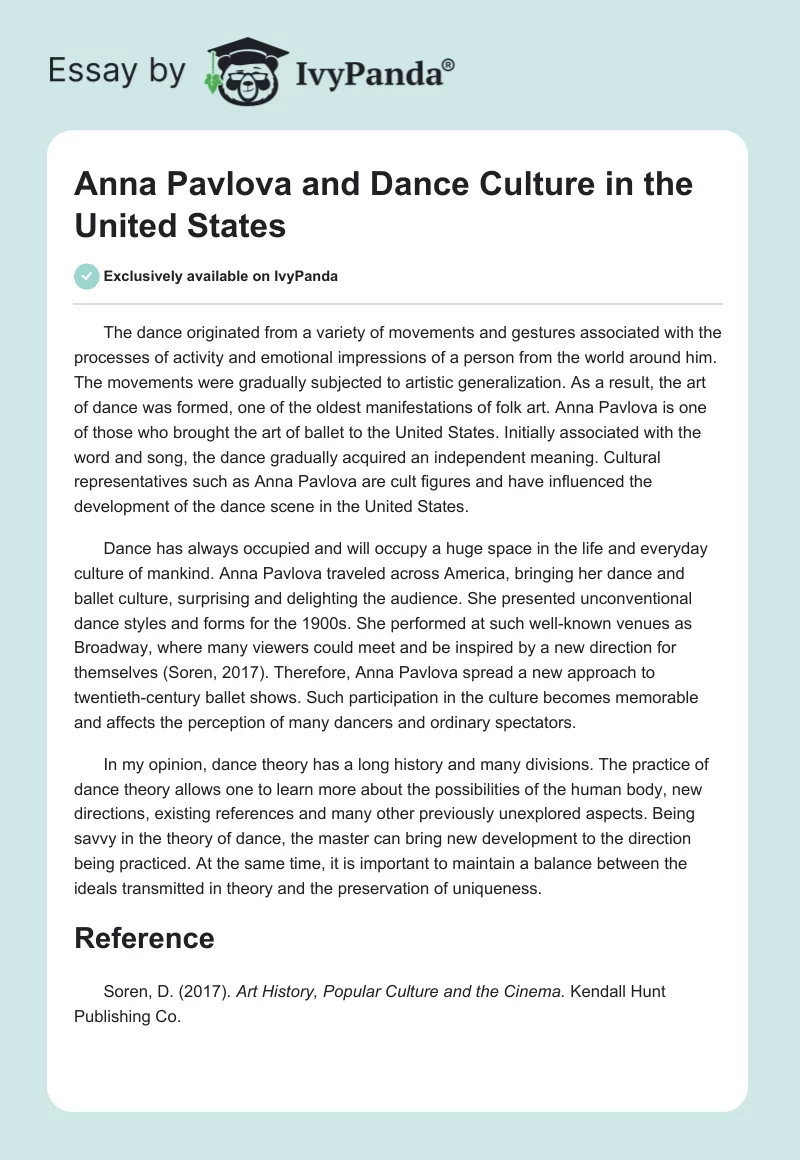 Anna Pavlova and Dance Culture in the United States. Page 1