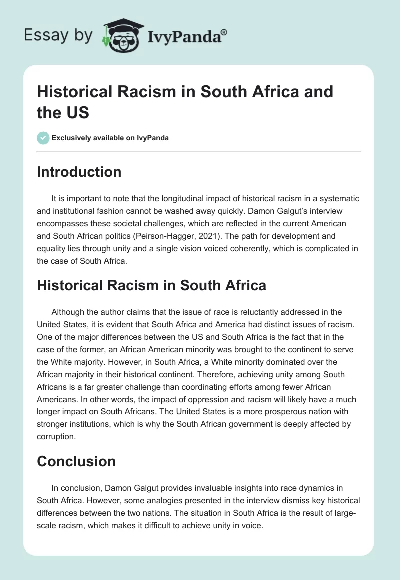 Historical Racism in South Africa and the US. Page 1