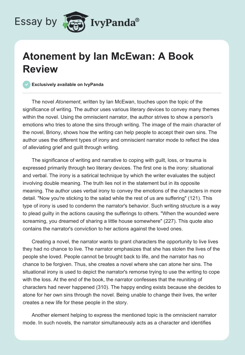 "Atonement" by Ian McEwan: A Book Review. Page 1