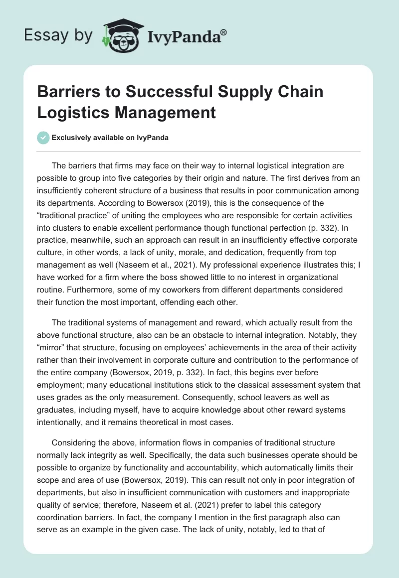 Barriers to Successful Supply Chain Logistics Management. Page 1