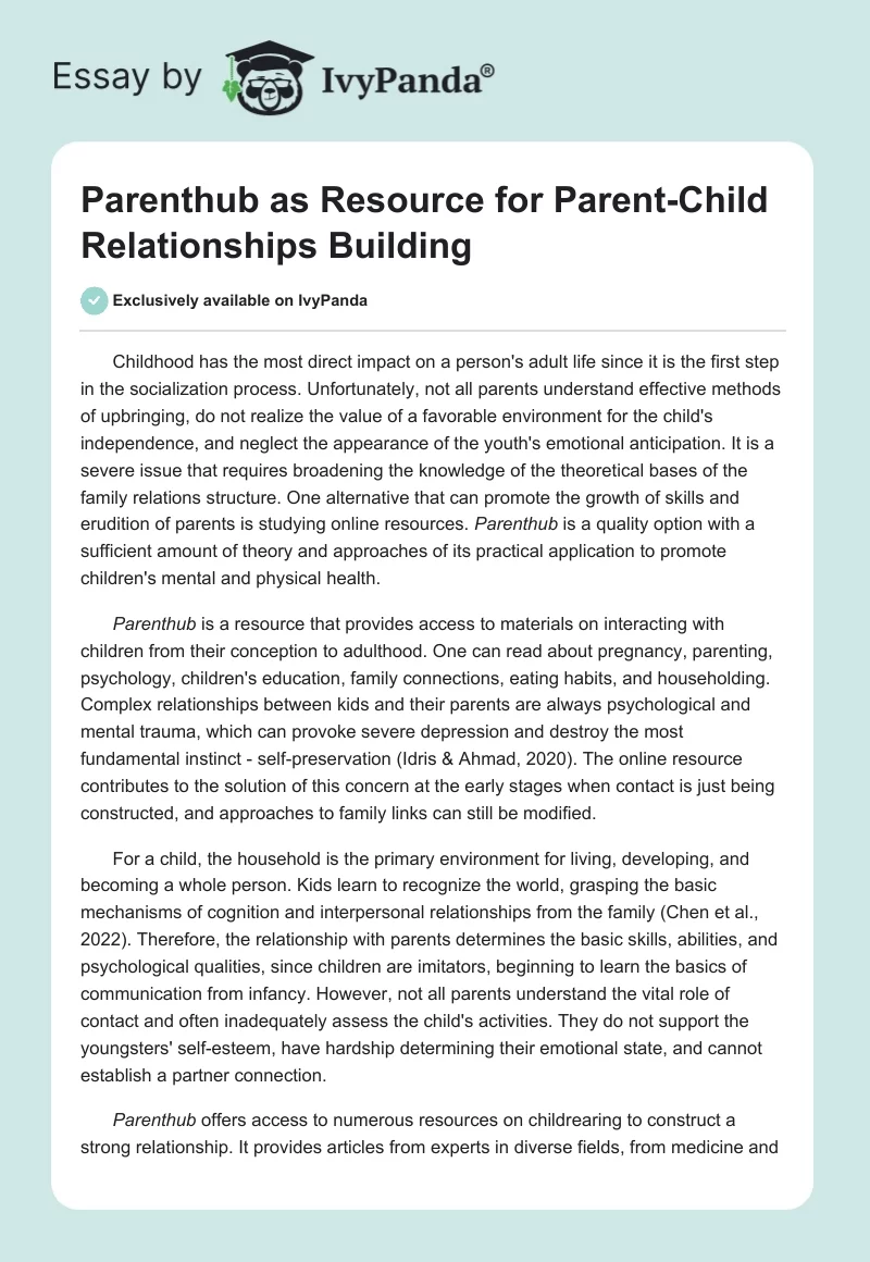 Parenthub as Resource for Parent-Child Relationships Building. Page 1