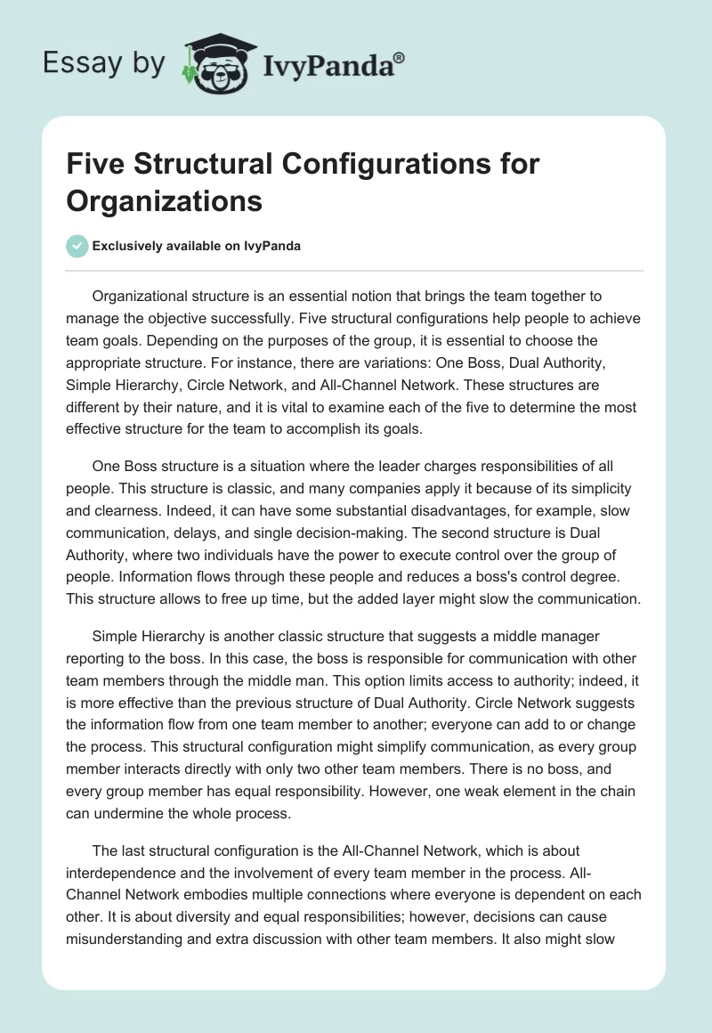 Five Structural Configurations for Organizations. Page 1