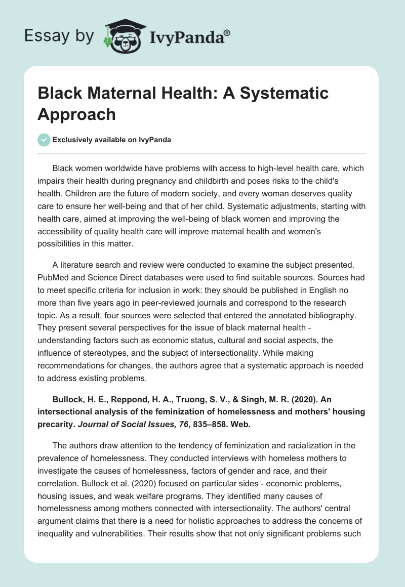 Black Maternal Health: A Systematic Approach. Page 1