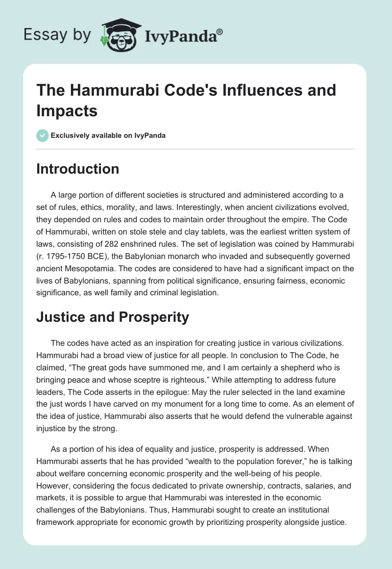 The Hammurabi Code's Influences and Impacts. Page 1