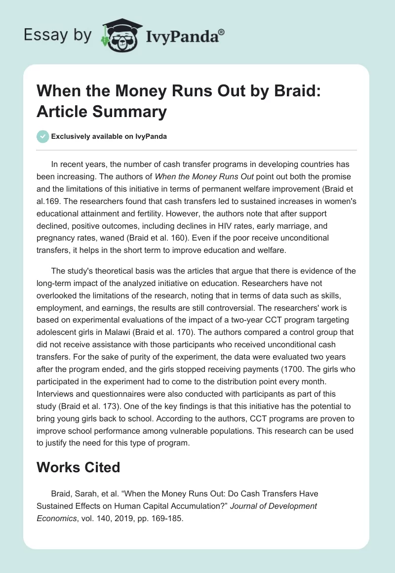 When the Money Runs Out by Braid: Article Summary. Page 1
