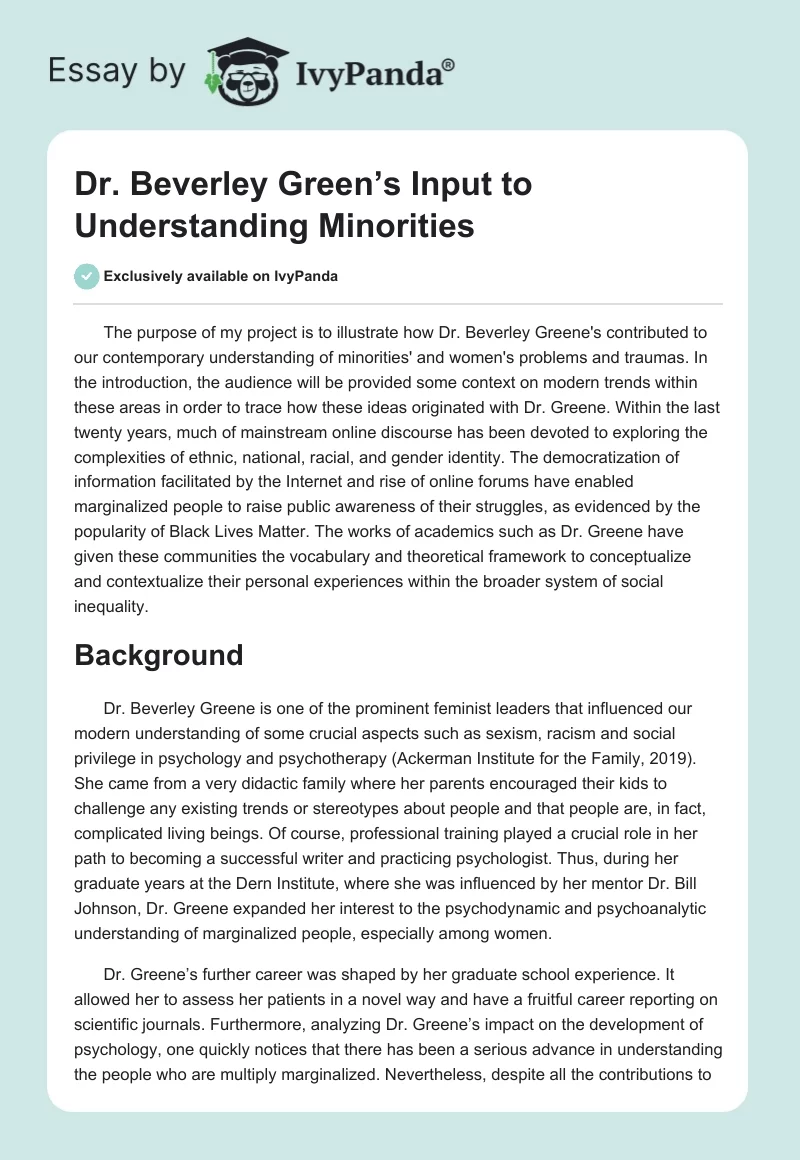 Dr. Beverley Green’s Input to Understanding Minorities. Page 1