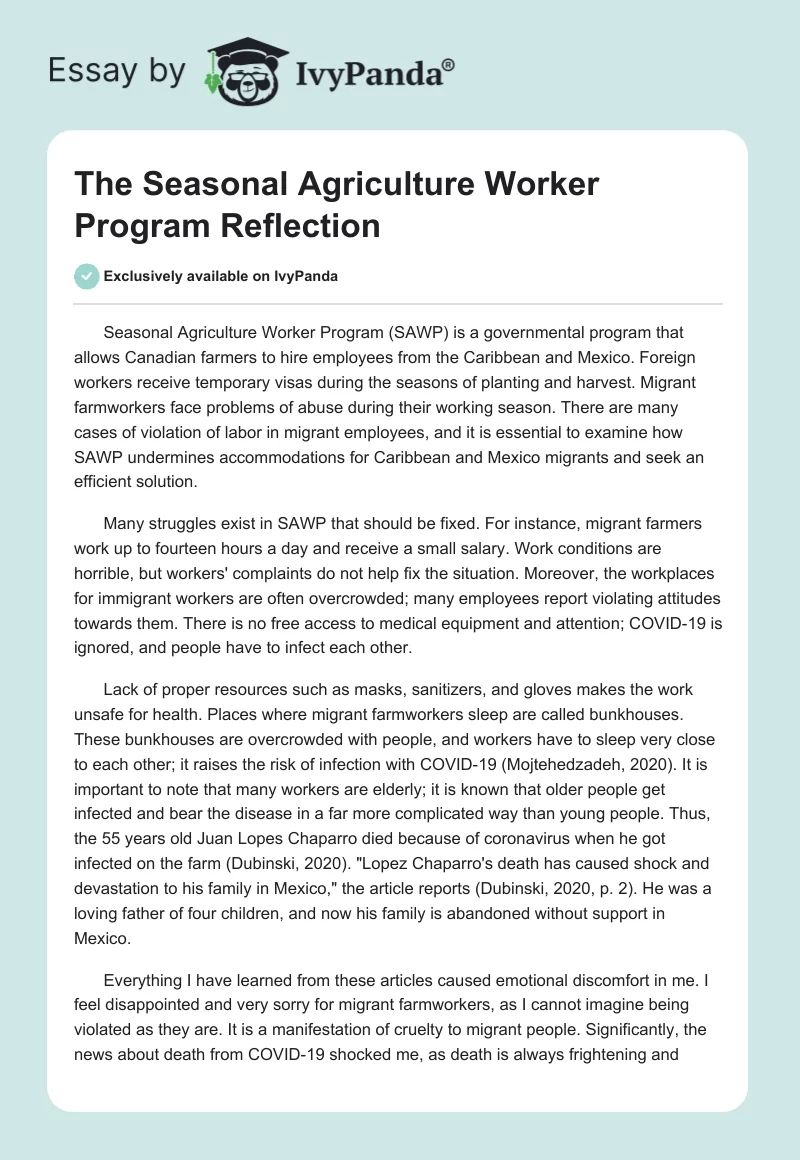 The Seasonal Agriculture Worker Program Reflection. Page 1