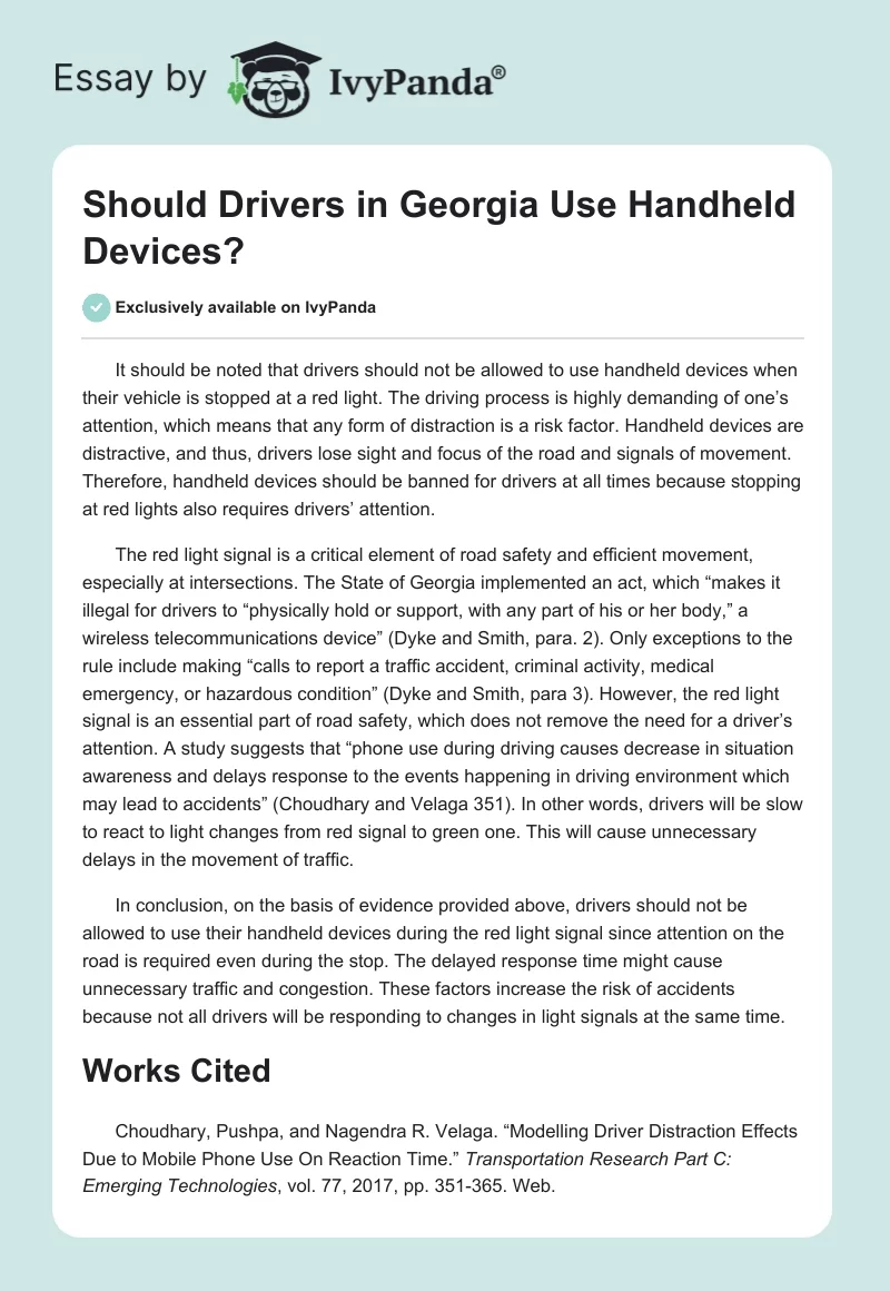 Should Drivers in Georgia Use Handheld Devices?. Page 1