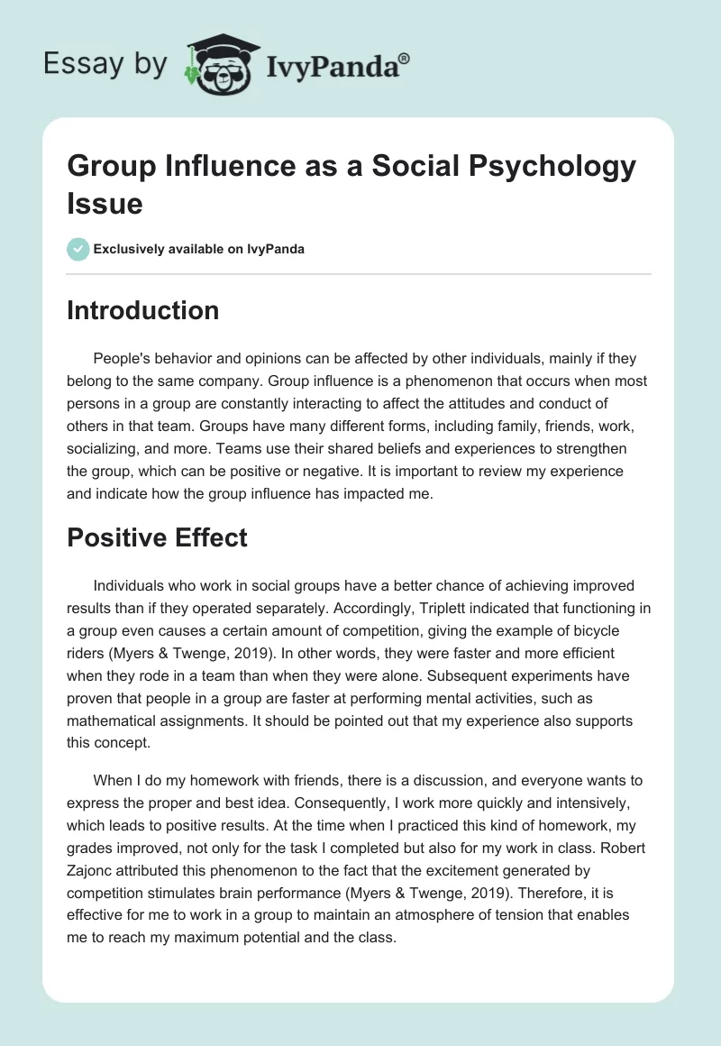 Group Influence as a Social Psychology Issue. Page 1