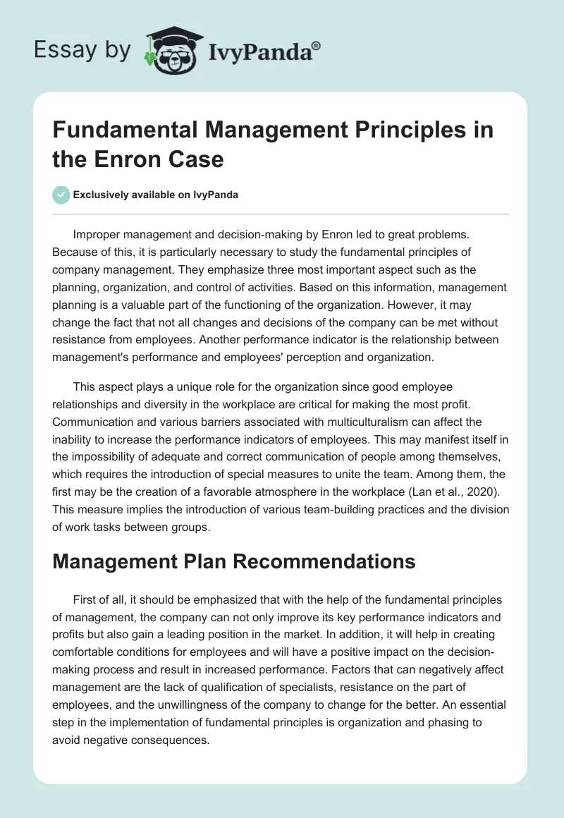 Fundamental Management Principles in the Enron Case. Page 1