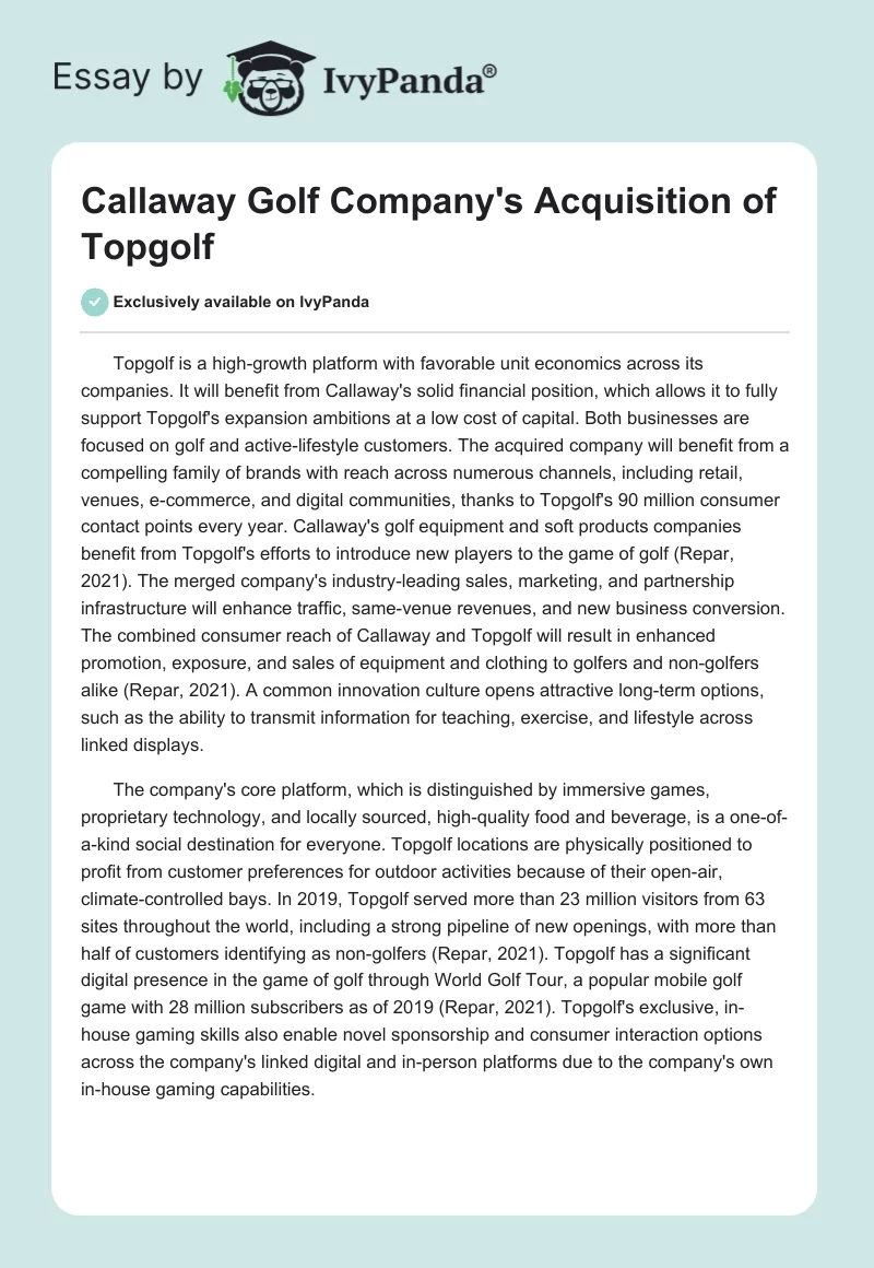 Callaway Golf Company's Acquisition of Topgolf. Page 1