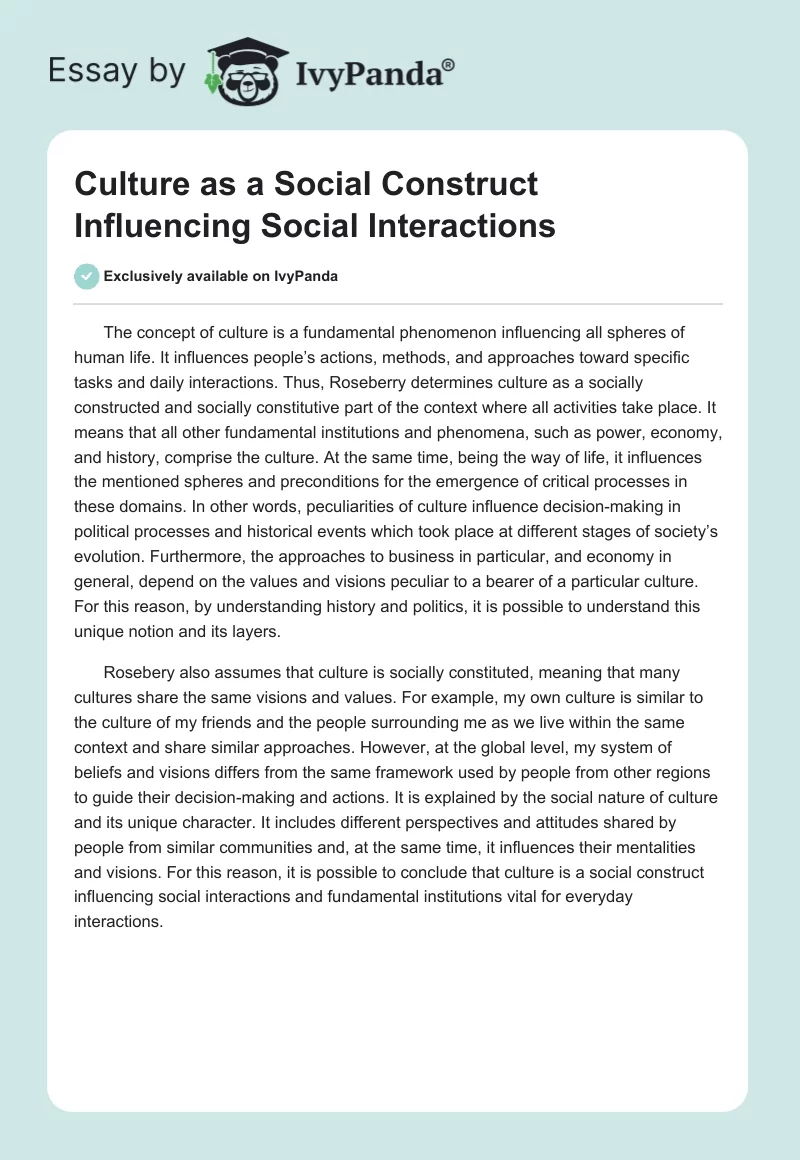 Culture as a Social Construct Influencing Social Interactions. Page 1
