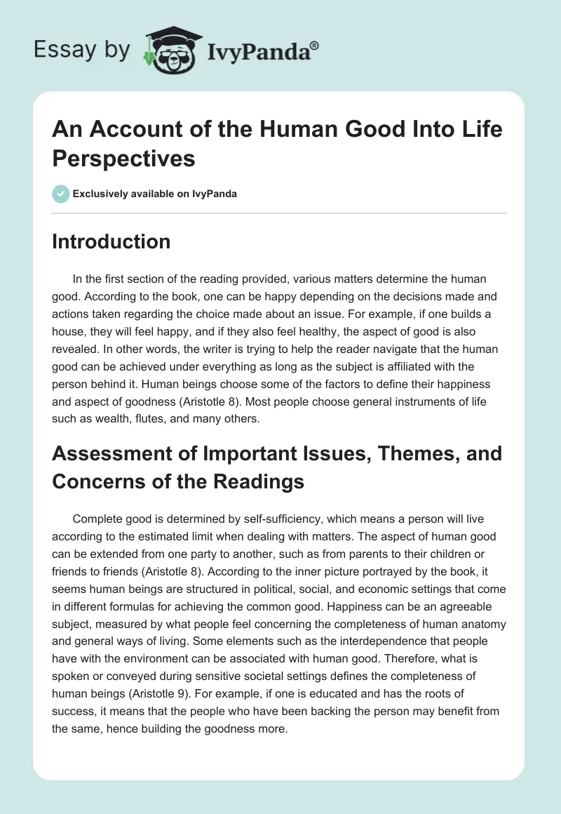 An Account of the Human Good Into Life Perspectives. Page 1