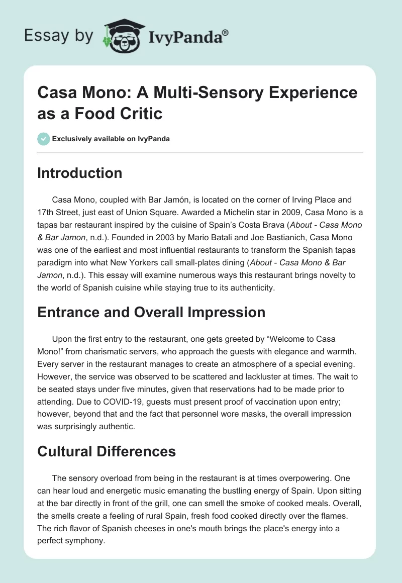 Casa Mono: A Multi-Sensory Experience as a Food Critic. Page 1