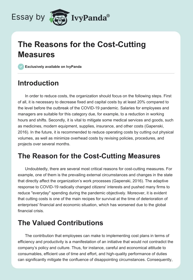 The Reasons for the Cost-Cutting Measures. Page 1
