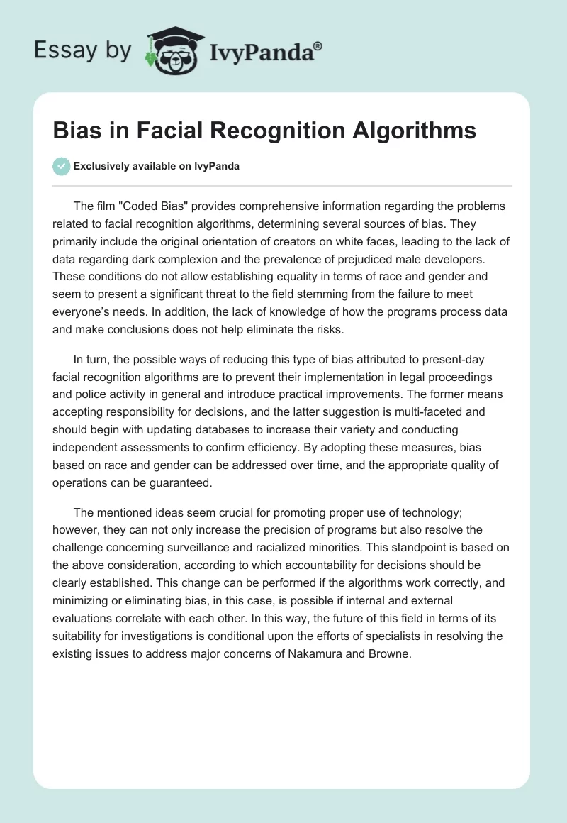 Bias in Facial Recognition Algorithms. Page 1