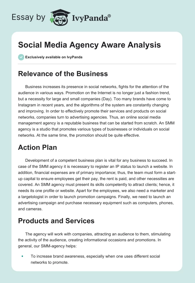 Social Media Agency "Aware" Analysis. Page 1