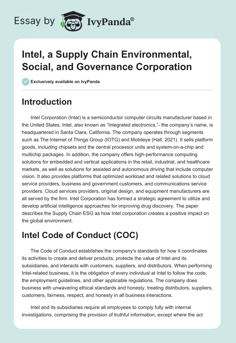 Intel, a Supply Chain Environmental, Social, and Governance Corporation. Page 1