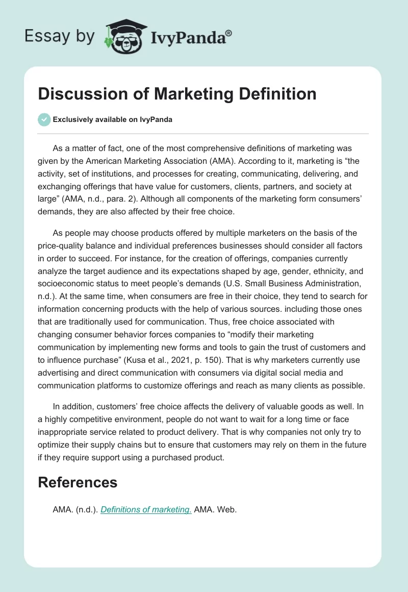 Discussion of Marketing Definition. Page 1