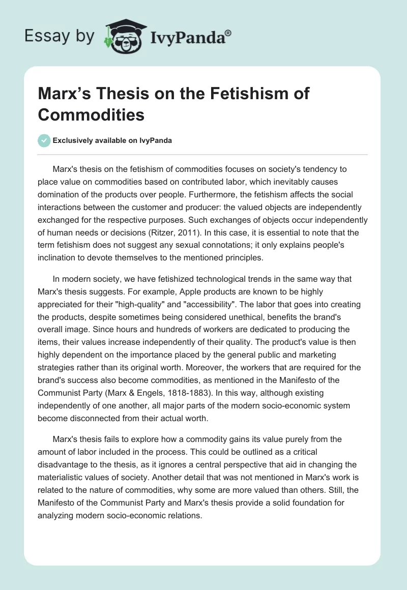 Marx’s Thesis on the Fetishism of Commodities. Page 1