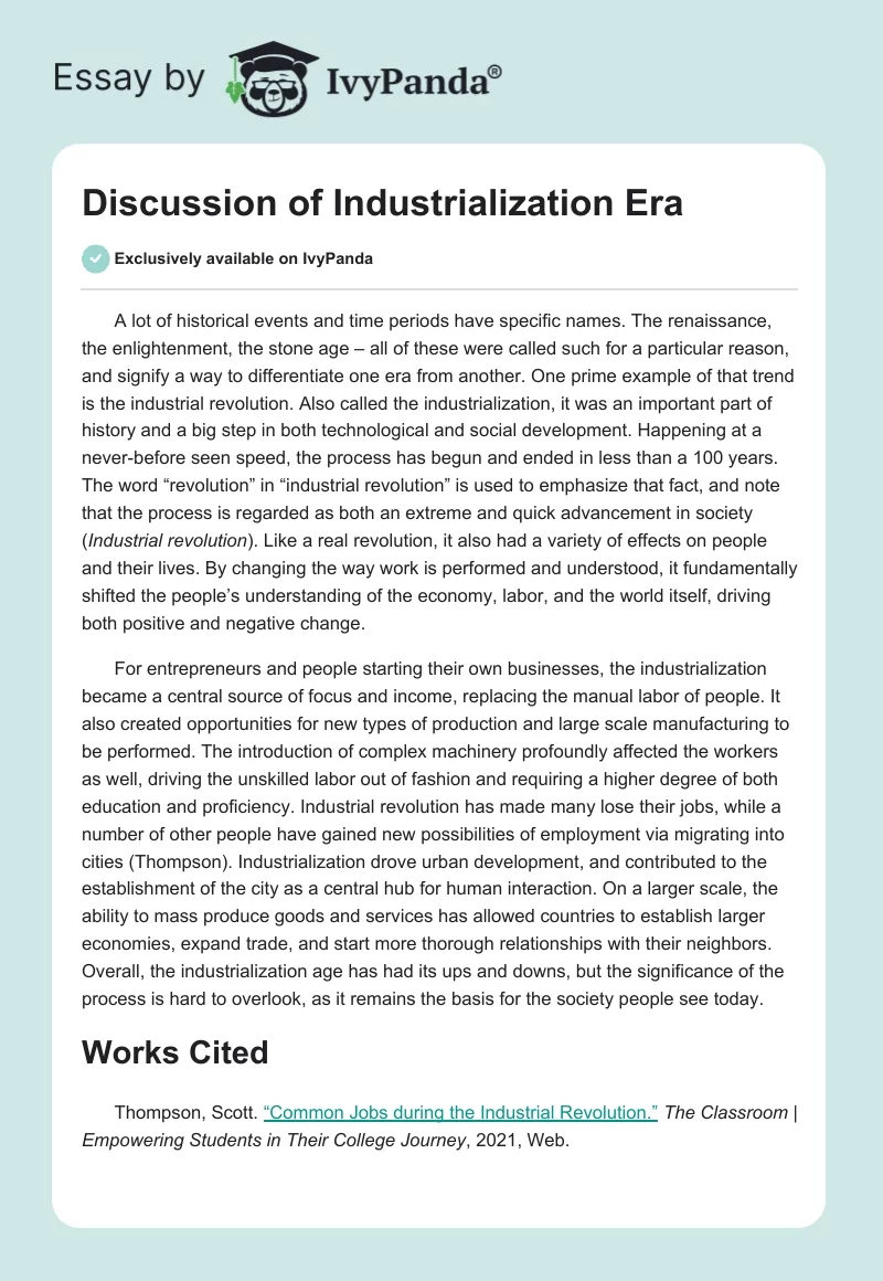 Discussion of Industrialization Era. Page 1