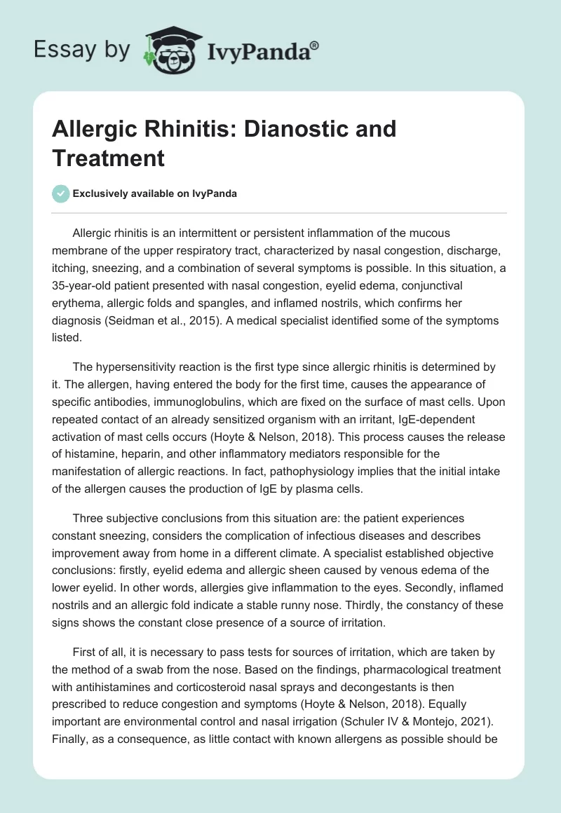 Allergic Rhinitis: Dianostic and Treatment. Page 1