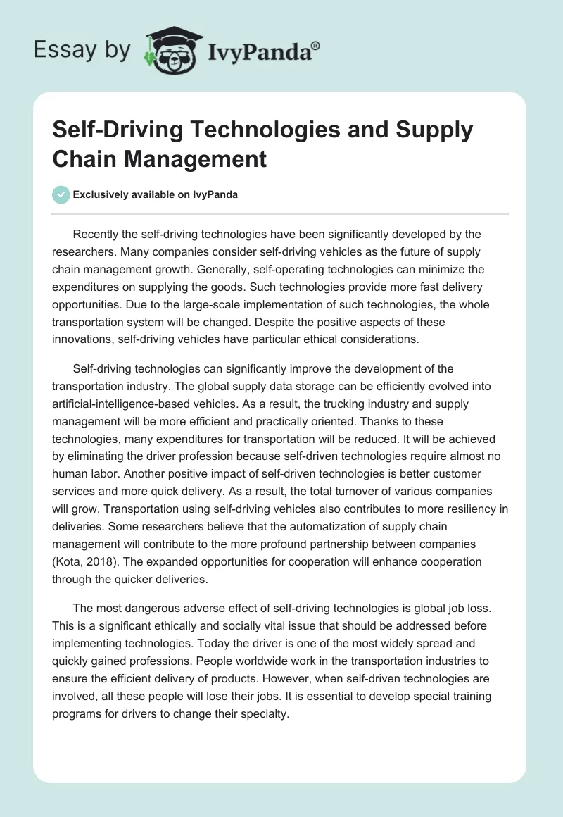 Self-Driving Technologies and Supply Chain Management. Page 1