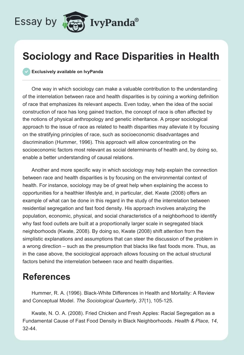 Sociology and Race Disparities in Health. Page 1