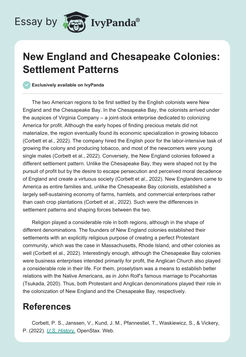 New England and Chesapeake Colonies: Settlement Patterns. Page 1