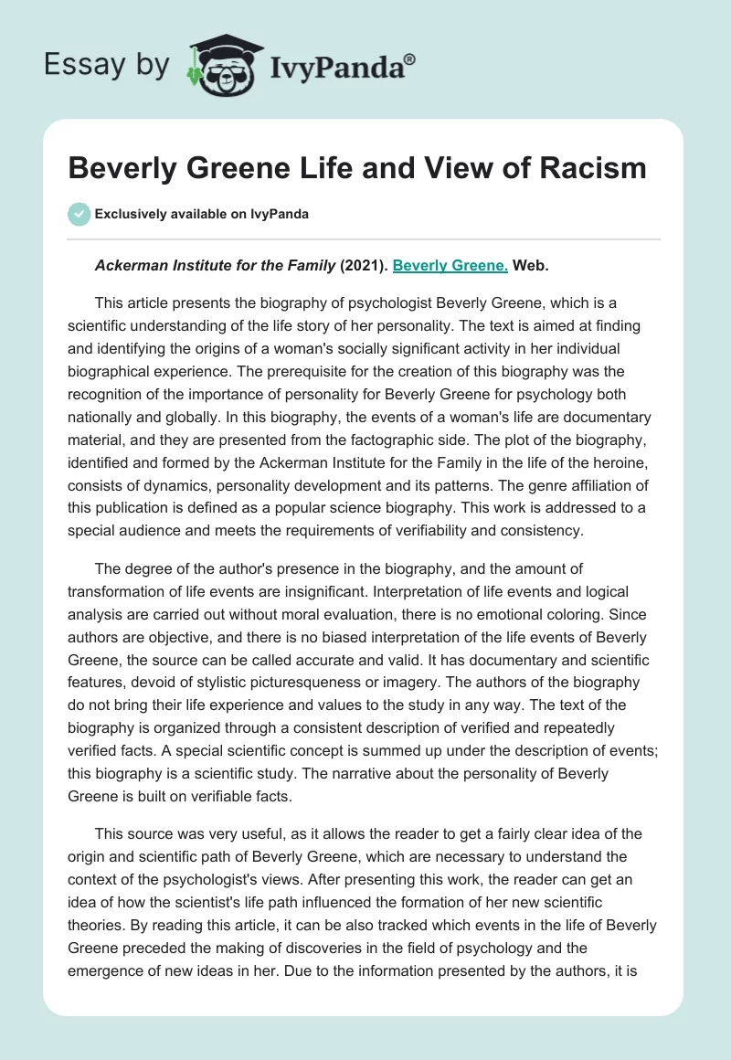 Beverly Greene Life and View of Racism. Page 1