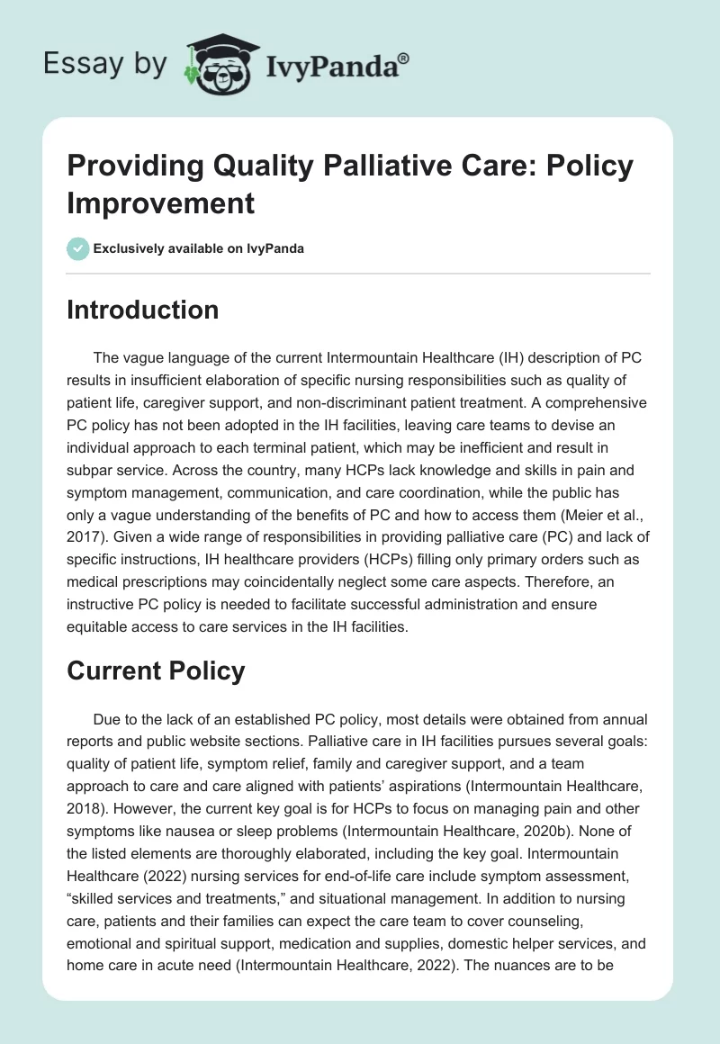 Providing Quality Palliative Care: Policy Improvement. Page 1