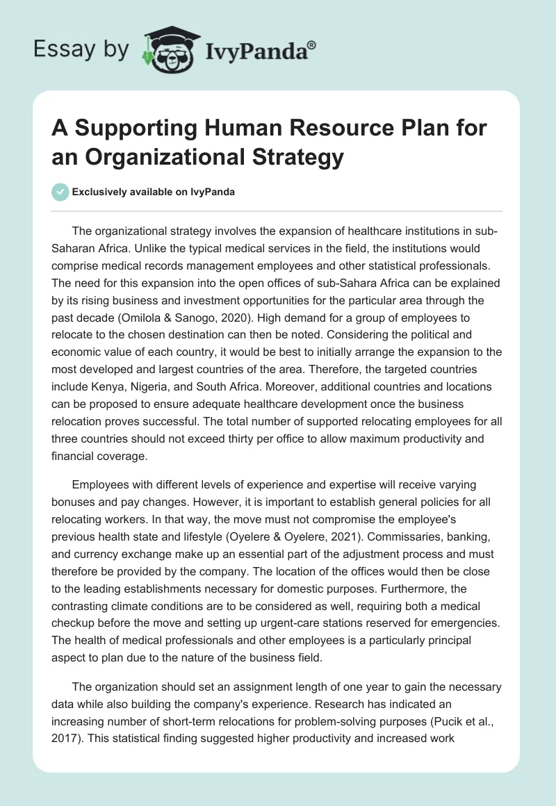A Supporting Human Resource Plan for an Organizational Strategy. Page 1
