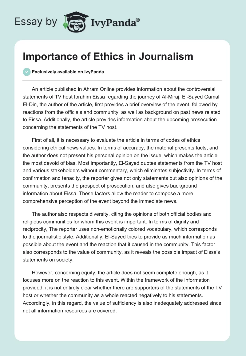 Importance of Ethics in Journalism. Page 1