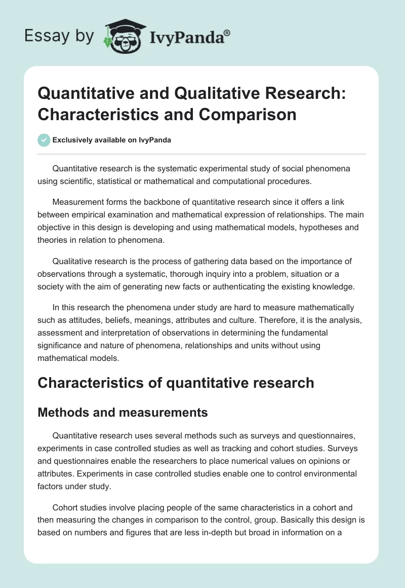 Quantitative and Qualitative Research: Characteristics and Comparison. Page 1