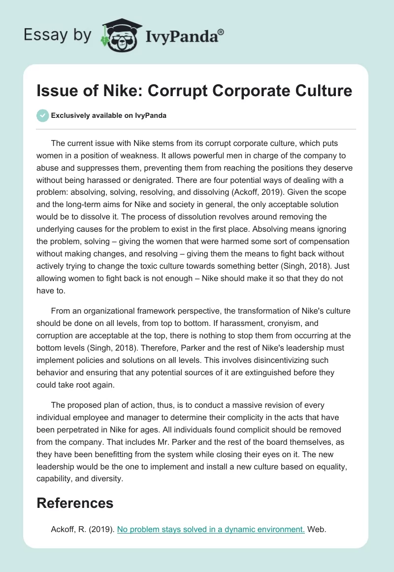 Issue of Nike: Corrupt Corporate Culture. Page 1