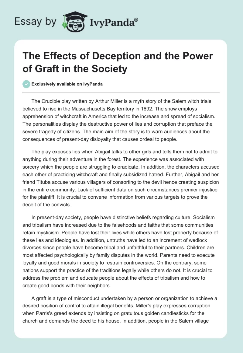The Effects of Deception and the Power of Graft in the Society. Page 1