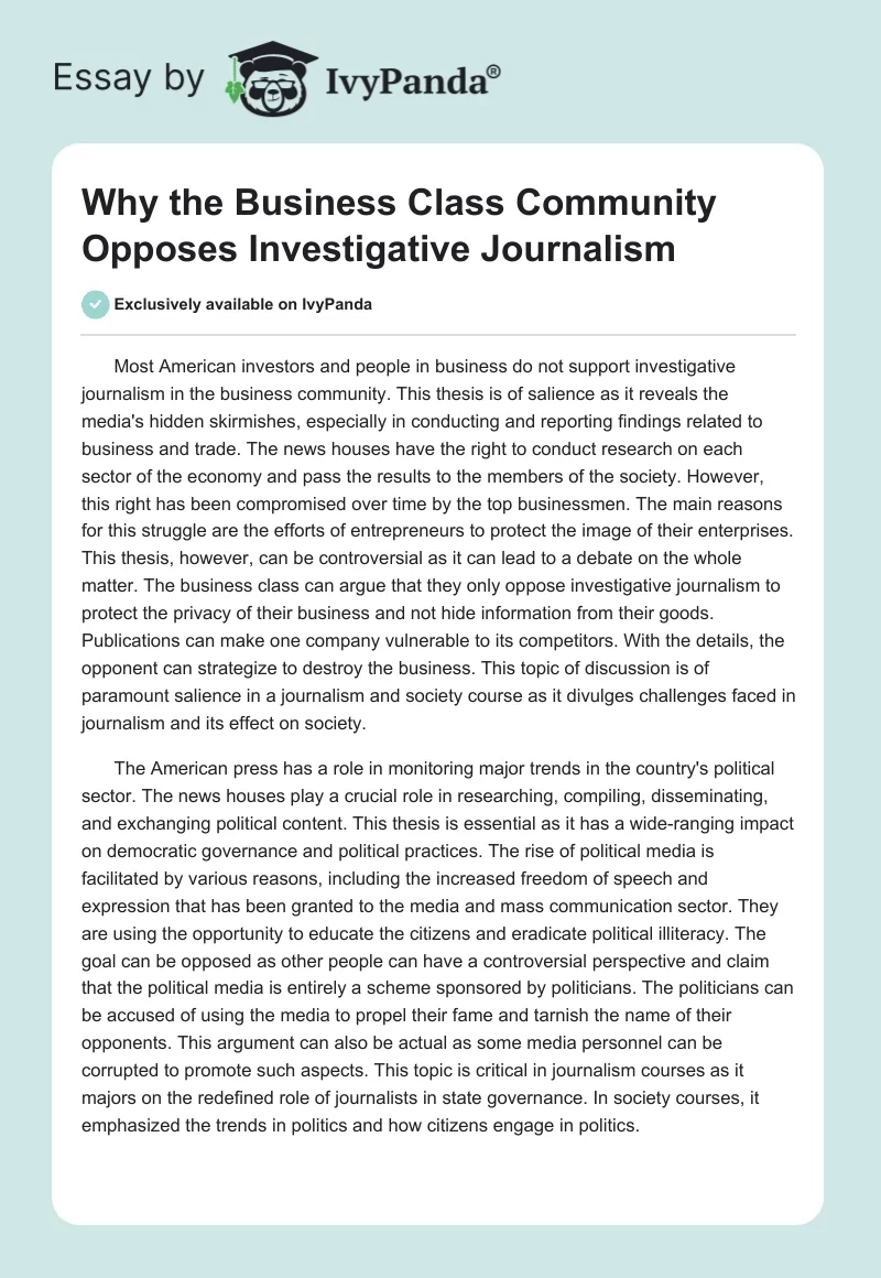 Why the Business Class Community Opposes Investigative Journalism. Page 1