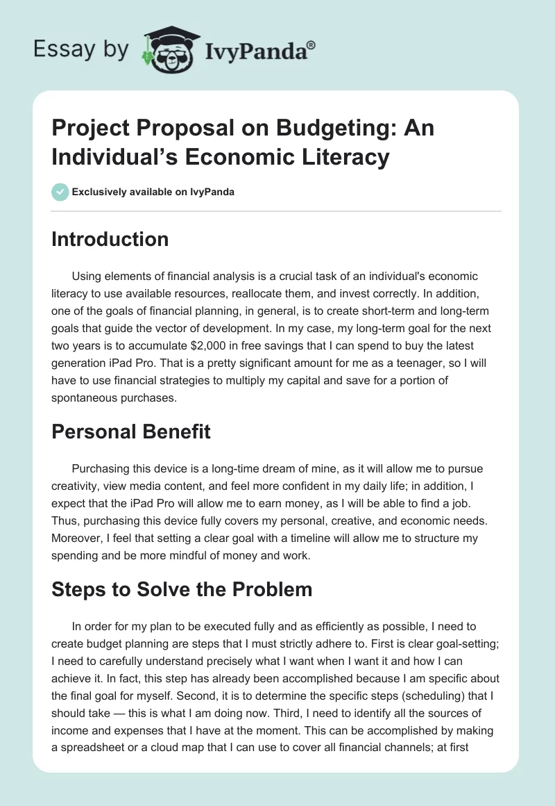 Project Proposal on Budgeting: An Individual’s Economic Literacy. Page 1