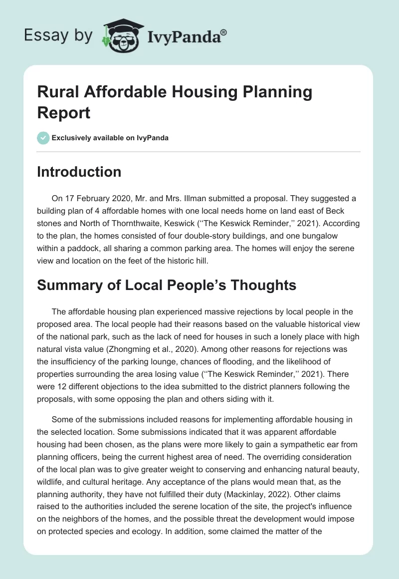 Rural Affordable Housing Planning Report. Page 1