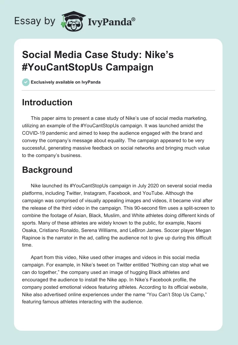 Social Media Case Study: Nike’s #YouCantStopUs Campaign. Page 1