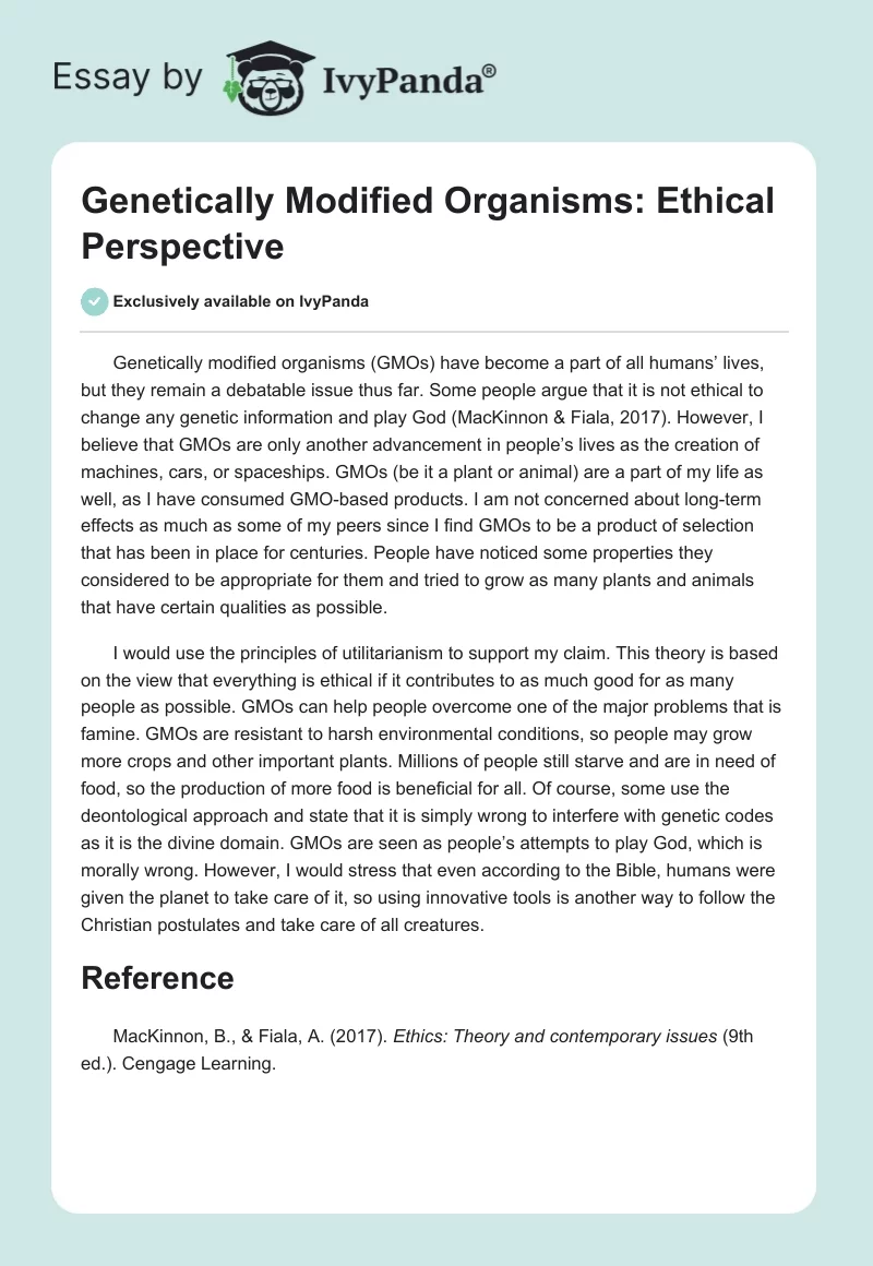Genetically Modified Organisms: Ethical Perspective. Page 1