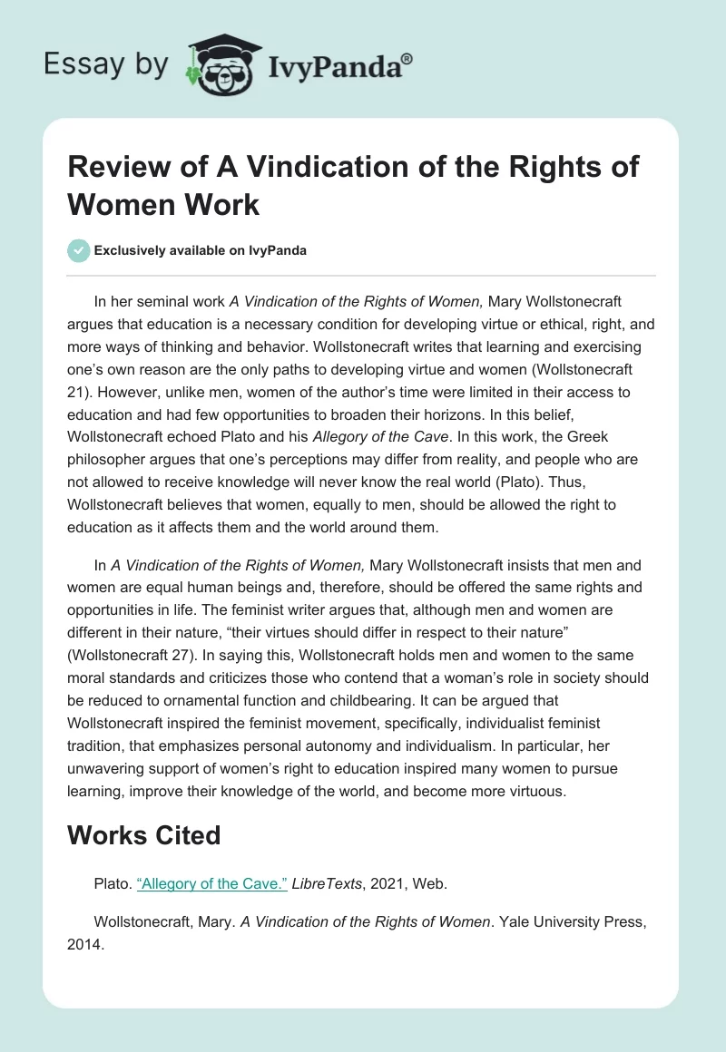 Review of "A Vindication of the Rights of Women" Work. Page 1