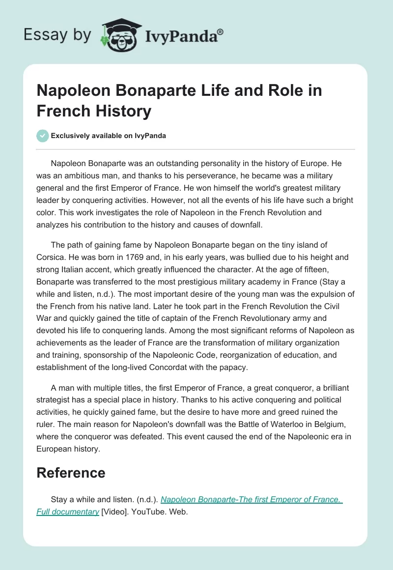 Napoleon Bonaparte Life and Role in French History. Page 1