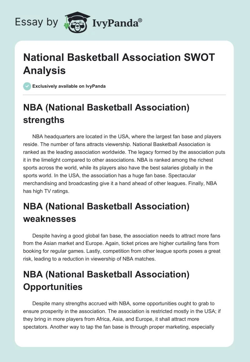 National Basketball Association SWOT Analysis. Page 1