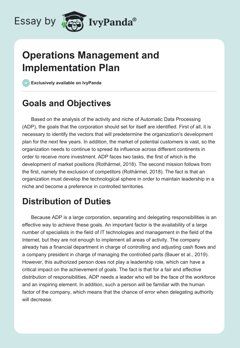 Operations Management and Implementation Plan. Page 1