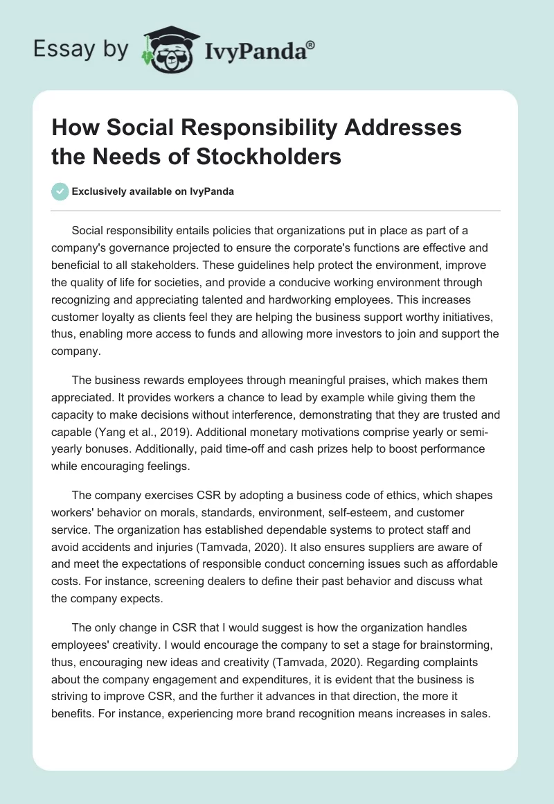 How Social Responsibility Addresses the Needs of Stockholders. Page 1