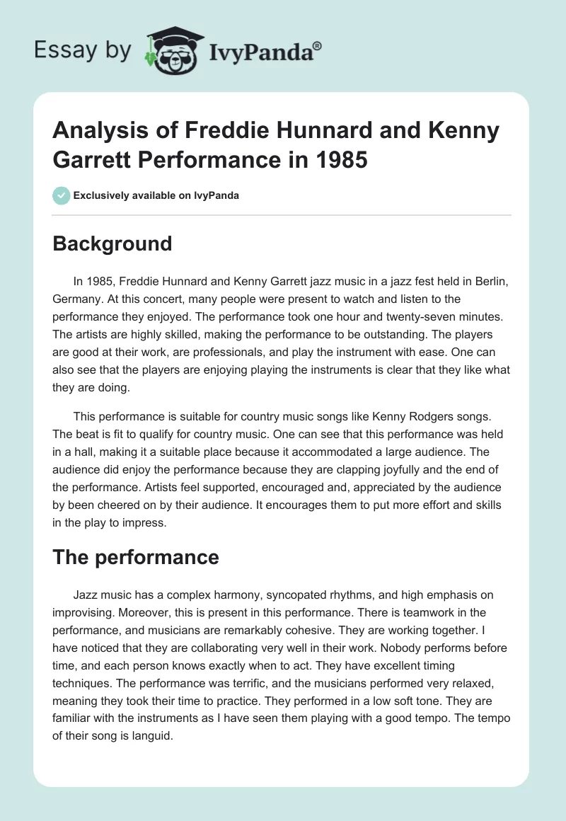 Analysis of Freddie Hunnard and Kenny Garrett Performance in 1985. Page 1
