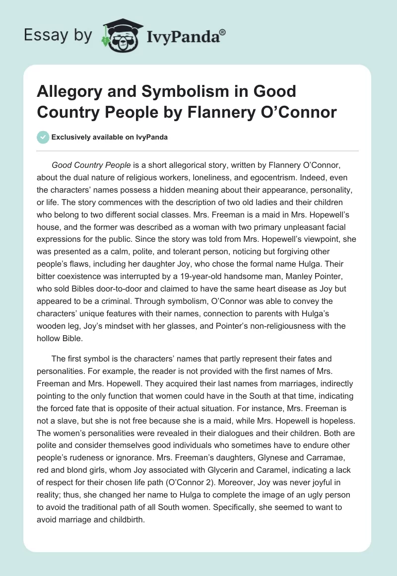 Allegory and Symbolism in "Good Country People" by Flannery O’Connor. Page 1