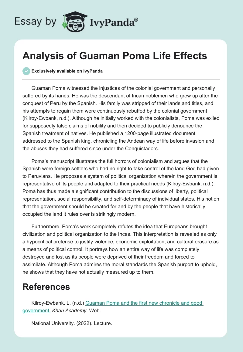 Analysis of Guaman Poma Life Effects. Page 1